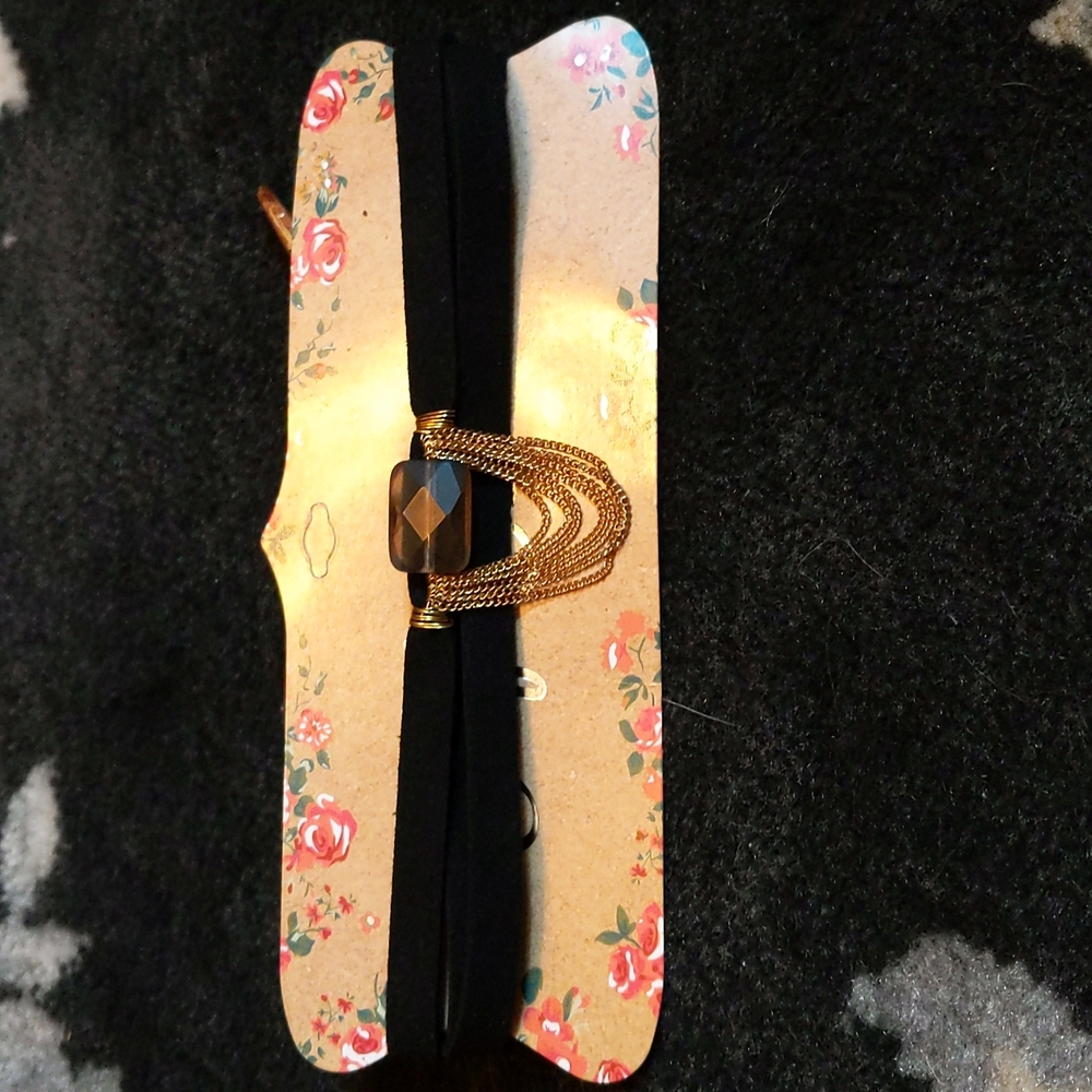 Self Esteem Wrap Choker with Brown Stone & Six Hanging Looped Gold Chains